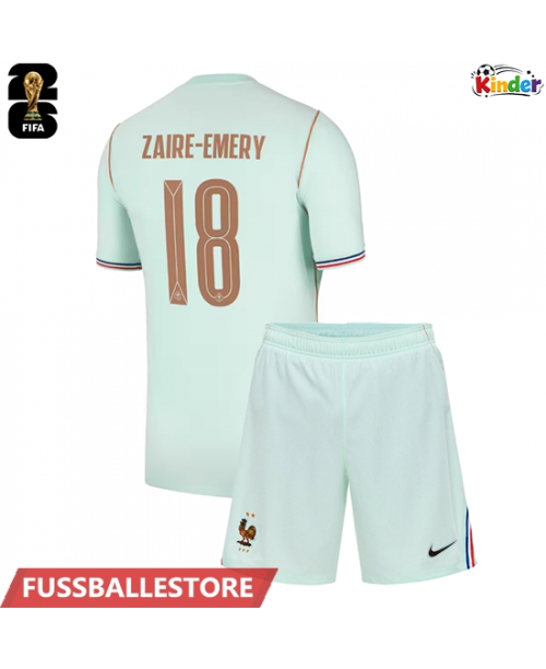 Günstige Frankreich Warren Zaire-Emery #18 Auswärts Trikotsatzt Kinder WM 2026 Kurzarm (+ Kurze Hosen)